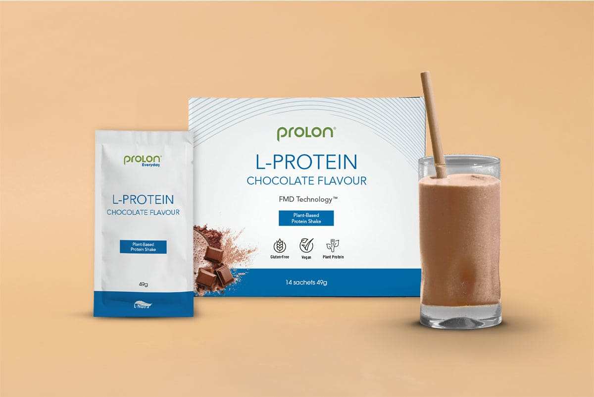 L-Protein plant-based chocolate protein powder with 14 sachets and prepared shake glass