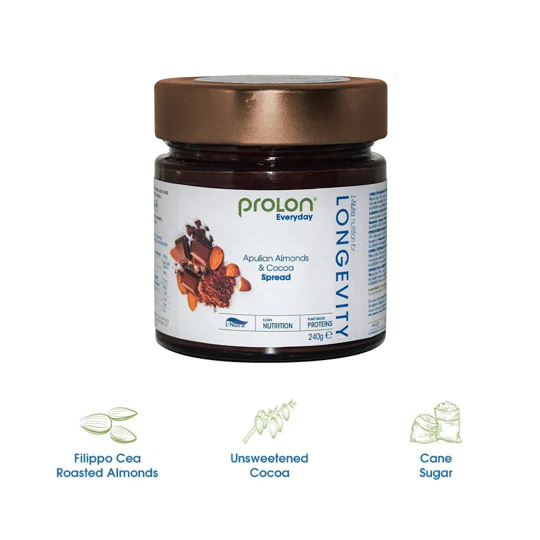 Jar of ProLon Longevity Spread with Apulian almonds and cocoa, made in Italy, healthy protein-rich snack