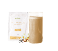 ProLon Fasting Shake vanilla flavor plant-based protein with glass of shake and vanilla flowers