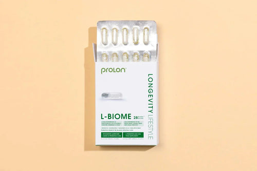 ProLon L-Biome intestinal health supplement with probiotics, prebiotics, and DHA capsules