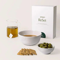 ReSet 1 Day Fasting Kit with tea, soup, crackers, and olives for physiological fasting state